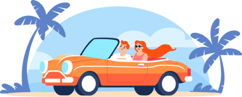 Hand Drawn Tourists drive convertibles car to the beach in flat style png