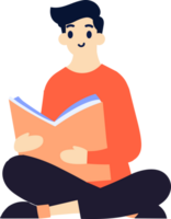 Hand Drawn Male character sitting and reading a book in flat style png