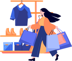 Hand Drawn A woman with shopping bags walks past a storefront in flat style png