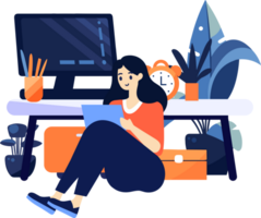 Hand Drawn A female character is sitting and reading a book in her office in flat style png