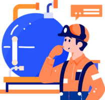 Hand Drawn Technician or engineer with engine in factory in flat style png