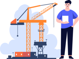 Hand Drawn Engineer or architect with building under construction in flat style png