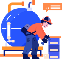 Hand Drawn Technician or engineer with engine in factory in flat style png