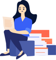 Hand Drawn female character sitting and reading a book in flat style png