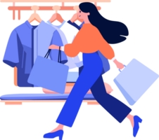 Hand Drawn A woman with shopping bags walks past a storefront in flat style png