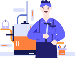 Hand Drawn Technician or engineer with engine in factory in flat style png