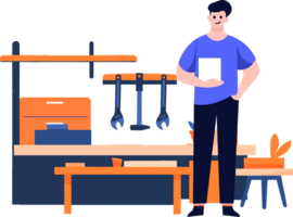 Hand Drawn Technician or engineer with engine in factory in flat style png