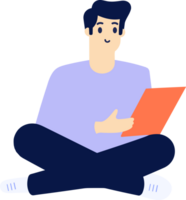 mano dibujado masculino personaje sentado y leyendo un libro en plano estilo png