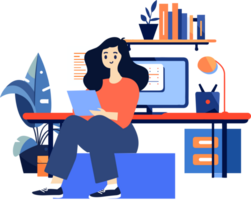 Hand Drawn A female character is sitting and reading a book in her office in flat style png