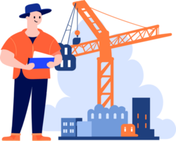 Hand Drawn Engineer or architect with building under construction in flat style png