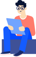 mano dibujado masculino personaje sentado y leyendo un libro en plano estilo png