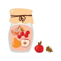 cartoon homemade compote assorted from apples, pears and berries in glass jar vector