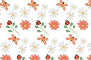 cute flower pattern with butterfly and red beetle vector