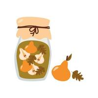 cartoon homemade compote from fresh pear in glass jar in bright colors vector