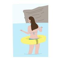 niña en bikini en boya salvavidas en un playa en mar vector