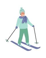 happy man skiing vector illustration. Vector illustration isolated. Usable for web and print design. Posters, web sites, postcards, banners and flyers. Cute boy with ski