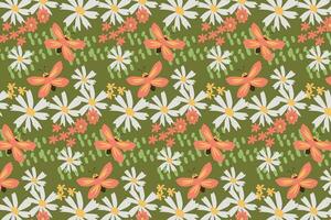 pink butterfly with daisy flowers seamless pattern vector