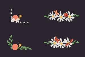 set of flower borders with cute animal, insects vector