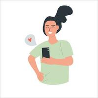 cute girl holding smart phone, using messengers vector