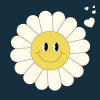 Groovy Flower Illustration Character. Funny happy daisy with eyes and smile. Sticker pack in trendy retro trippy style. Isolated vector illustration. Hippie 60s, 70s style.