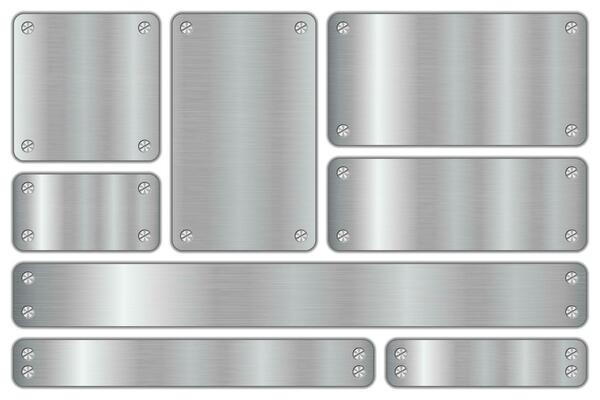 Brushed steel sign frame with metal screws. Realistic metal brushed plate. Metal plates. Steel signs. Vector illustration