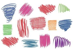 Colorful charcoal pencil curly horizontal lines. Squiggles and scribbles, doodle lines. Multi colored crayon strokes, dots and spirals. Grunge smears, thin and thick chalk strokes. Vector illustration