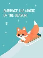 winter card, greeting, new year and christmas. with a cute fox. vector