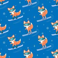 Winter sport fox on skis, sled, snowboard, skates. seamless pattern. vector