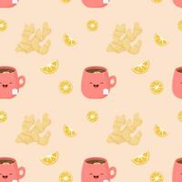 Seamless pattern cup of tea with lemon and ginger. vector