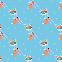 Winter sport fox on skis, sled, snowboard, skates. seamless pattern. vector