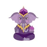 Flat illustration of Hindu deity Ganesha. Festive Diwali clipart - cartoon character Ganesha sitting in lotus position. Isolated on white background vector