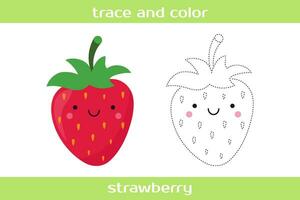 Educational worksheet Trace and color cute kawaii strawberry. vector