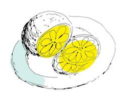 Hand drawing sketch sliced lemon on a plate. Perfect print for tee, poster, card, sticker. vector