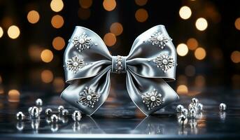 Silver bow with jewelry for gift decoration. AI generated photo
