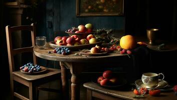 Illustration still life with fruit on wooden table, rustic kitchen, in dramatic tones. AI generator photo