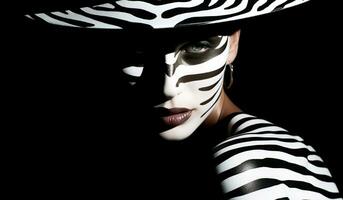 Fantasy face painting, zebra look, in white and black. AI generated photo