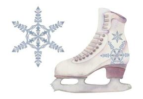 Hand drawn watercolor figure skating boots, sports gear, footwear with snowflakes and crystal. Illustration isolated composition, white background. Design for poster, print, website, card, invitation vector