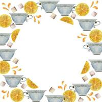 Watercolor hand drawn illustration. Tea cups lemon slices juice drops sugar cubes. Round wreath frame. Isolated on white background. For invitations, cafe, restaurant food menu, print, website, cards vector