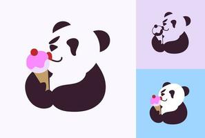 Panda logo eating ice cream. Negative space minimal logo design concept vector
