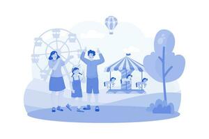 A family visits an amusement park nearby for morning fun. vector