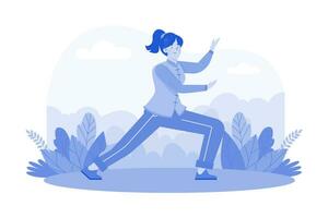 un mujer practicas Tai chi en un sereno jardín. vector