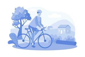 A cyclist rides in the countryside in the morning. vector