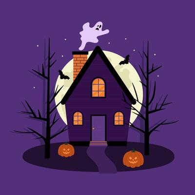 Halloween haunted house. Spooky landscape with violet house, trees, pumpkins, bats, ghost and big moon. Vector flat illustration on purple background