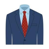 Blue men's jacket with blue shirt and red polka dot tie. Male business suit with blazer. Vector flat illustration isolated on white background