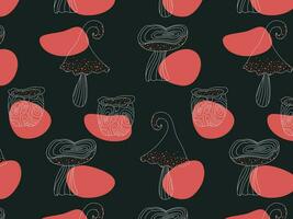 Abstract seamless pattern of mushrooms on a dark background, linear drawing, hand-drawn, vector illustration. Spots of red color. Design for printing, textiles, paper.