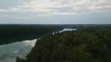 Fly over the Lake and forest at sunset. Asveja is the longest lake in Lithuania video