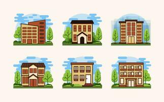 conjunto de edificios y arboles en plano diseño estilo. vector ilustración.