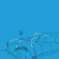 Blue line art illustration of a bed with two pillows vector