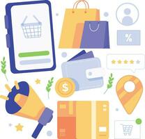 Flat design vector illustration concept of online shopping, e-commerce, digital marketing, social media. Shopping and payments by mobile, Online transactions. Vector illustration