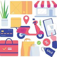 Online shopping, e-commerce concept. Shopping icons set. Flat illustration of shopping icons set for web design. Vector illustration